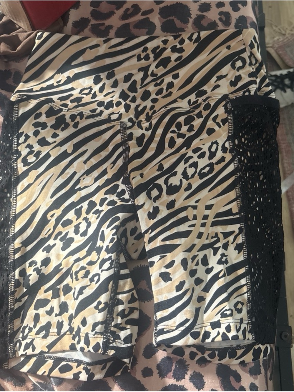PINK Victoria's Secret Beige and Black Animal Print Shorts with Lace Panels